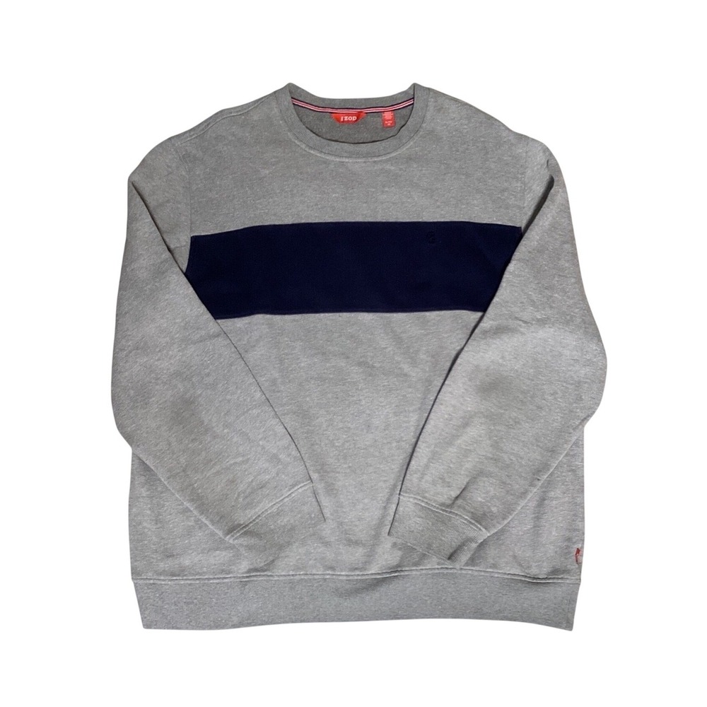 Izod Crewneck Sweatshirt Mens XL Gray Navy Stripe Fleece Pullover Preppy Casual